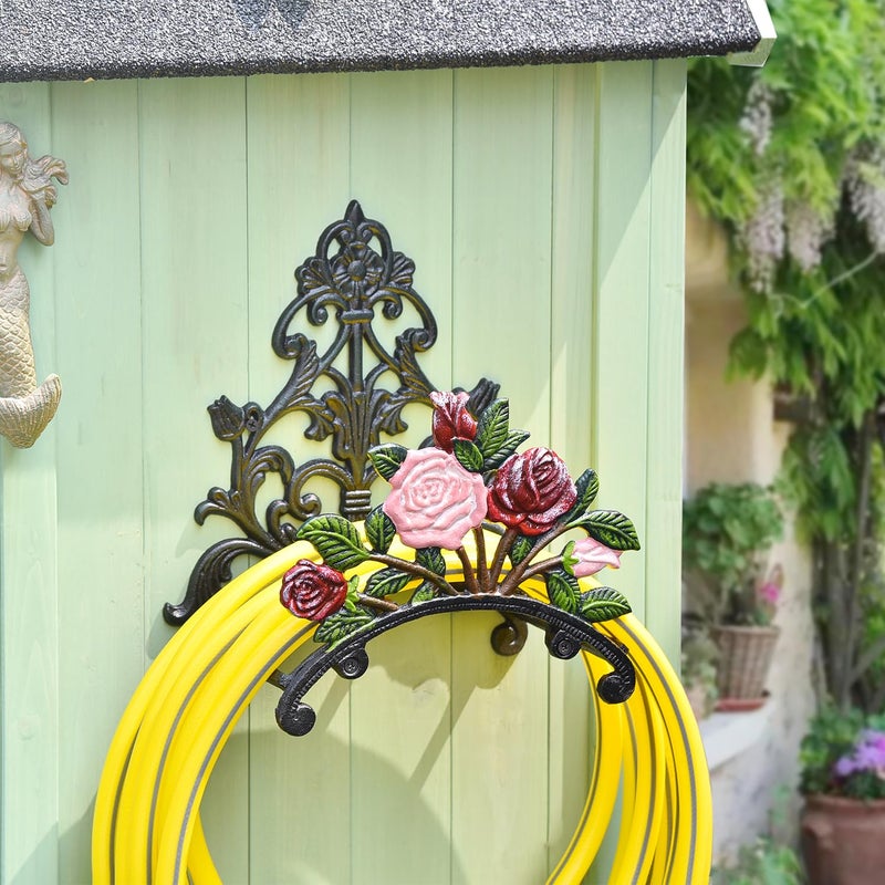 Sungmor Cast Iron Heavy Duty Garden Hose Holder - Decorative Hand-Painted Peony Wall Mounted Water Hose Hanger - Wall Decoration Hanging Hose Rack - Hose Reel Storage Butler - Metal Hose Stand - Image 2